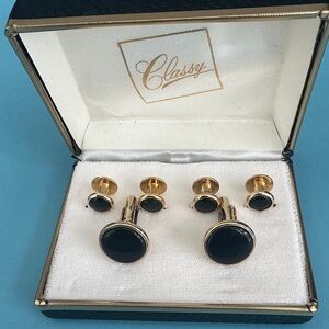 Black and Gold plated Cufflinks Set with genuine onyx by Classy